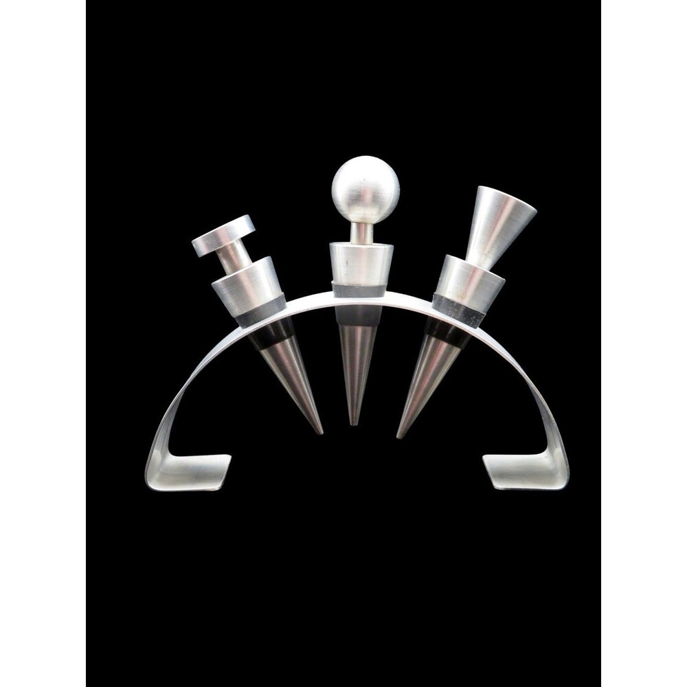Modernist Stainless Steel Wine Bottle Stopper Set with Arched Display Stand